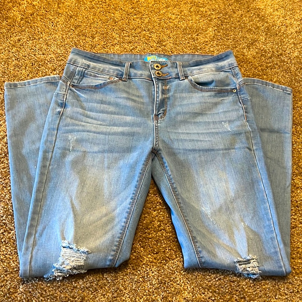 Wax BUTT I Love You light powder blue Skinny Distressed Leg Stretch Jeans size 7